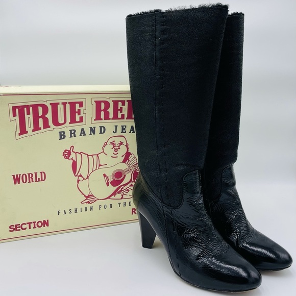 TRUE RELIGION BLACK TALL HEEL FAUX FUR BOOTS - Picture 1 of 12